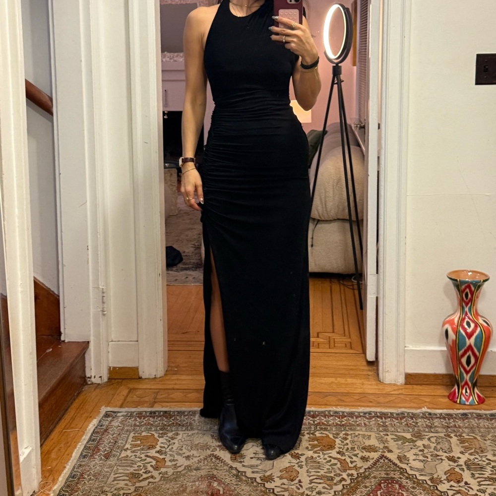 Misha Collection Black Ruched Maxi Dress with Thigh High Slit -Size XS- ($500+)